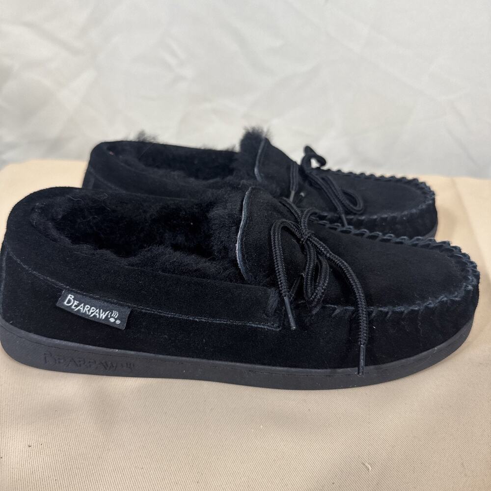 BEARPAW Mens 8 Black Suede Moccasin Slippers Fur Lined Tie Indoor Outdoor